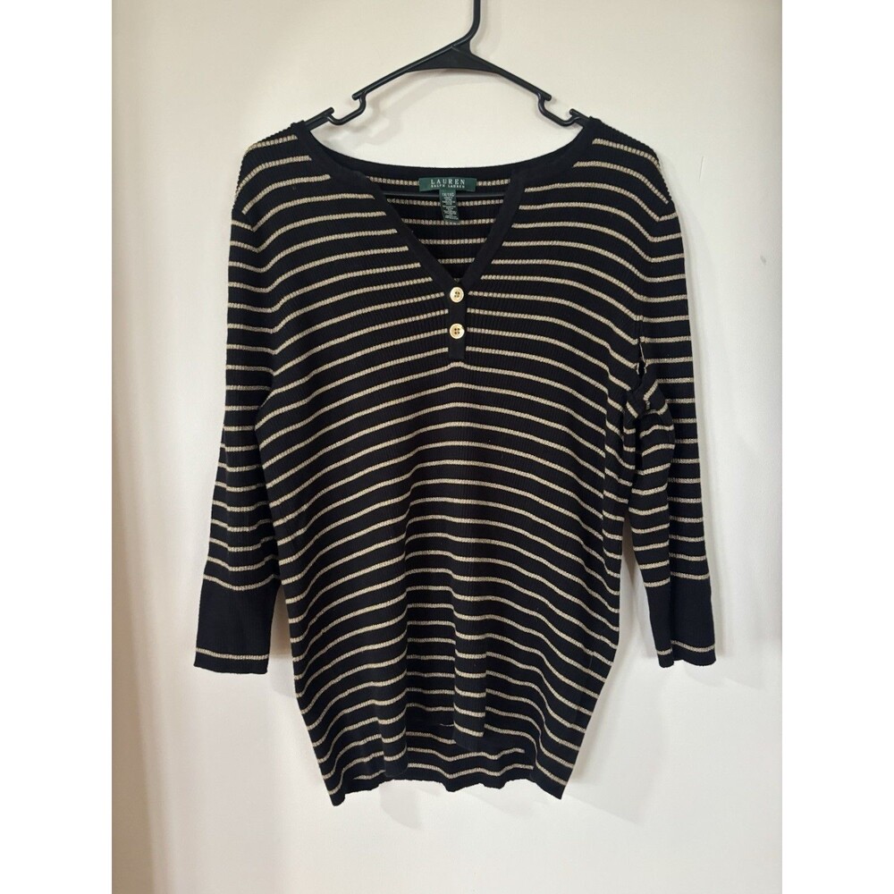 Lauren Ralph Lauren Sweater Women 1XL Black Gold Metallic Pullover Button V Neck